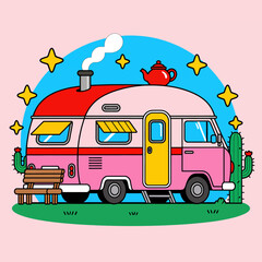 Whimsical Camper Van in Desert Night with Stars and Cacti