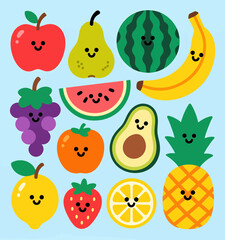 Whimsical Fruits Illustration: Happy Banana, Apple, Strawberry, Lemon, Pineapple, Watermelon, Grapes, Tomato, Avocado, Pear