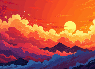 Vibrant Mountain Sunset with Dramatic Clouds and Warm Colors