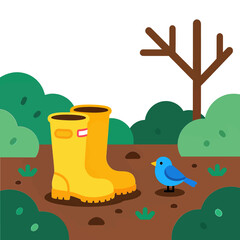 Yellow Rain Boots and Blue Bird in Forest Mud, Spring Exploration