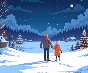 Winter Night Walk: Family in Snowy Village Under Moonlight