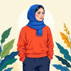 Young Woman in Blue Hijab and Red Sweater Among Autumn Leaves