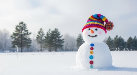 Fototapeta premium A cheerful snowman stands in a snow covered field wearing a colorful hat and button decoration on body