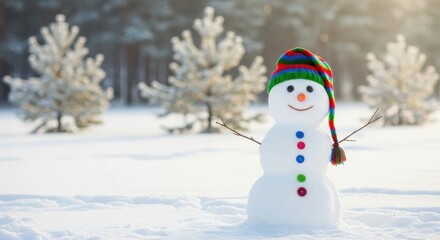 A snowman with a colorful hat stands in a snow covered field with trees in the background on a sunny day