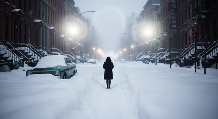 Fototapeta premium A woman in black coat standing on a snowy street with cars and buildings covered in snow during winter time