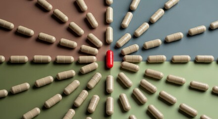 A red capsule stands out among many white capsules arranged on a multicolored background in a pattern