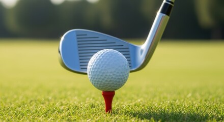 A golf ball on a red tee with a golf club poised to hit it on a green grass golf course background