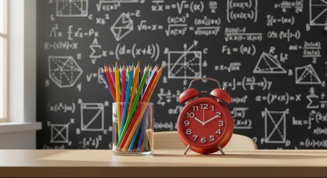 A classroom scene featuring a red alarm clock and colored pencils against a chalkboard background filled with math