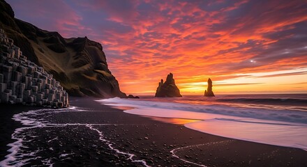 Dramatic Sunset at Reynisfjara Black Sand Beach, Iceland.