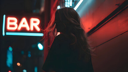 Woman Silhouette Near Neon Bar Sign with Red and Blue Lights at Night