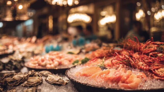 Closeup medium shot of an elaborate seafood stall featuring vibrant shellfish and crustaceans on crushed ice with a softly blurred luxurious market ambiance behind.