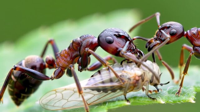 Two ants working together to carry a dead insect on a green leaf.