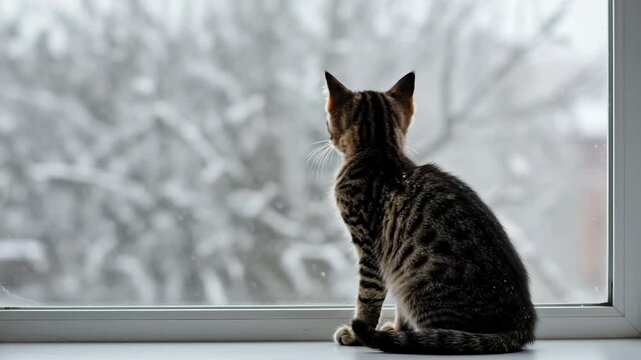 A tabby kitten sits on a windowsill looking out at a snowy day