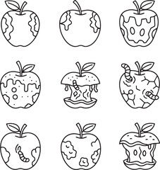  A grid of nine black and white outline illustrations depicting apples in various stages of decay and consumption. Some apples show blemishes and wormholes, while others are significantly deteriorated