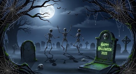 Happy halloween 2025 graveyard scene with dancing skeletons and skull tombstone
