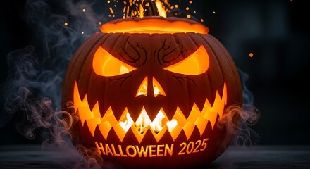 A glowing halloween 2025 pumpkin with spooky face and fiery sparks