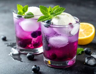 Two glasses of a vibrant purple blueberry drink with ice and scoops of vanilla ice cream, garnished with fresh mint