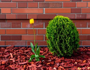 Red Mulch, Brick Wall, and Spring Tulip.