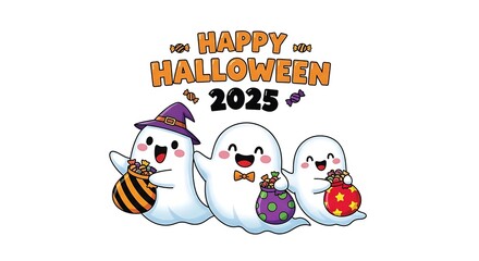 Three cute ghosts celebrate happy halloween 2025 isolated on white background