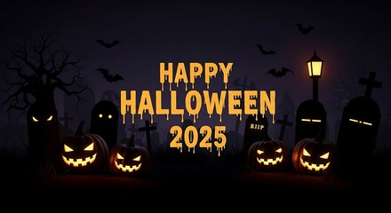 A spooky halloween 2025 display with pumpkins and tombstones at night