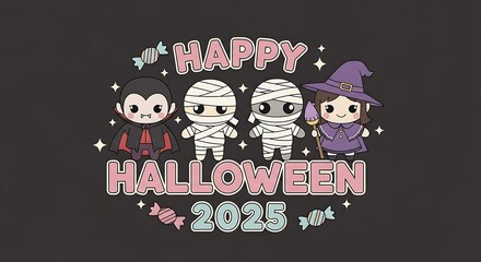 Cute halloween 2025 characters vampire, mummies, and witch illustration
