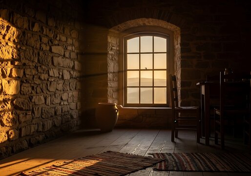 Warm light streams through window in old stone room at sunset - Powered by Adobe