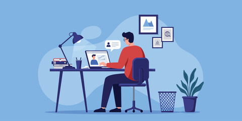 Man working from home on laptop during online meeting, remote work concept in modern flat illustration.