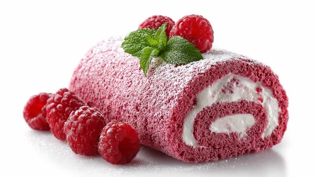 Raspberry Cake Roll: A close-up shot of an enticing raspberry cake roll, its vibrant pink exterior dusted with powdered sugar, a creamy filling inviting. Adorned with fresh raspberries and mint