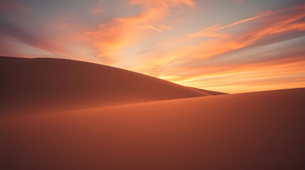 Obraz premium Dramatic Sunset or Sunrise Sky Over Silhouette of Minimalist Sand Dunes Desert Landscape