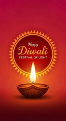 Happy diwali festival of light with a traditional oil lamp diya glowing brightly on a red background