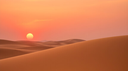 Fototapeta premium Vibrant Desert Landscape with Huge Setting or Rising Sun Above Rolling Sand Dunes in a Warm Apricot Haze