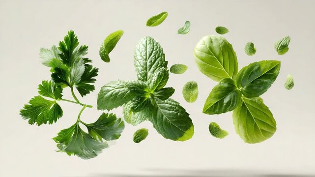 Fresh Herb Medley: A vibrant display of fresh green herbs, each leaf and sprig bursting with flavor. A perfect visual symphony for culinary, health, and wellness themes.