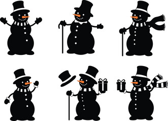 Cartoon snowman illustration, festive winter character, black silhouette style, holiday icon design, Christmas vector art, gift holding snowmen, scarf and hat accessories