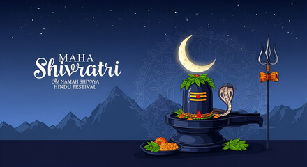 Maha Shivratri with Shivling, Lingam, Moon, Night Sky, silhouette, Himalayas, and Mandala. Traditional Hindu Festival Poster Banner Design Template, Website header Vector