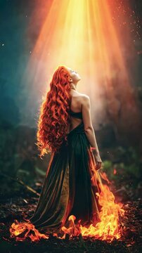 Joven mirando fijamente a una luz intensa mientras su vestido arde en llamas escena dram&aacute;tica y cinematogr&aacute;fica