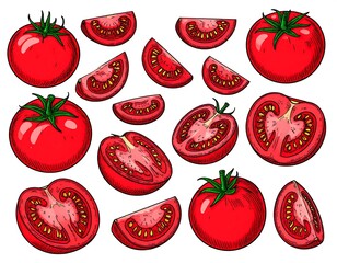 Fresh Red Tomato Slices and Whole Tomatoes.