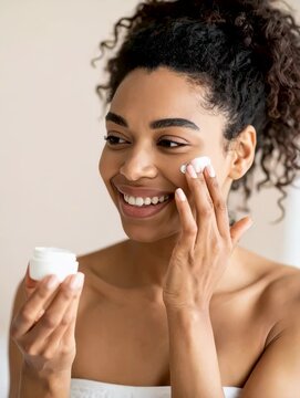 Mujer sonriente aplic&aacute;ndose crema facial con expresi&oacute;n de felicidad y cuidado personal en casa