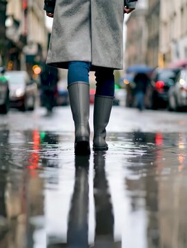 Persona caminando con botas de lluvia reflejadas en el agua de la calle mojada