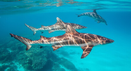 Graceful sharks and a dolphin swim together in crystal-clear turquoise waters, capturing the beauty of the ocean