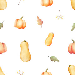 Cute pumpkin pattern with acorn leaf. Seamless print. Watercolor texture. Fall. Autumn season. Harvest. Wrapping paper. Fabric. Card. Invitation. Textile. Cozy illustration. Leaves.