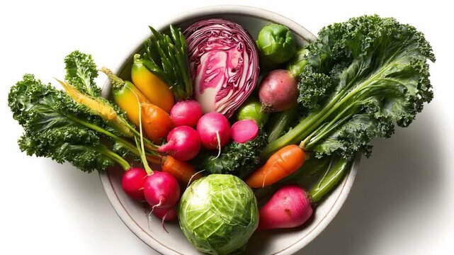 Vibrant Vegetarian Bounty: A close-up perspective captures a cornucopia of colorful, fresh vegetables artfully arranged in a bowl, emphasizing the natural beauty of healthy eating.