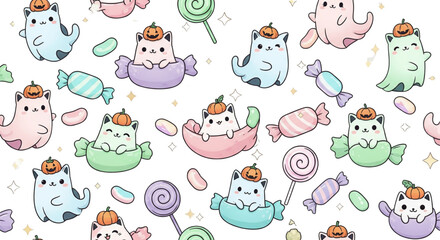 Cute Kawaii Ghost Cats and Pastel Candy Halloween Seamless Pattern. Adorable Kittens with Pumpkin Hats and Sweet Treats.