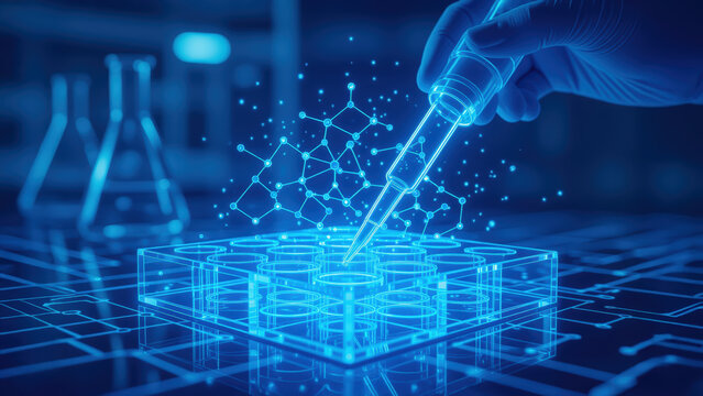 Crispr gene edit lab pipette dna biotech genome research neon hologram emotion Futuristic crispr gene edit lab pipette dna biotech genome research