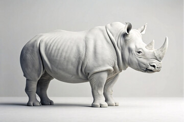 Fototapeta premium Powerful white rhinoceros sculpture capturing thick skin folds, dual horns, massive build, small eyes, sturdy legs, demonstrating impressive wildlife anatomy.