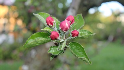 Fototapeta premium Cluster of pink apple flower buds and green leaves