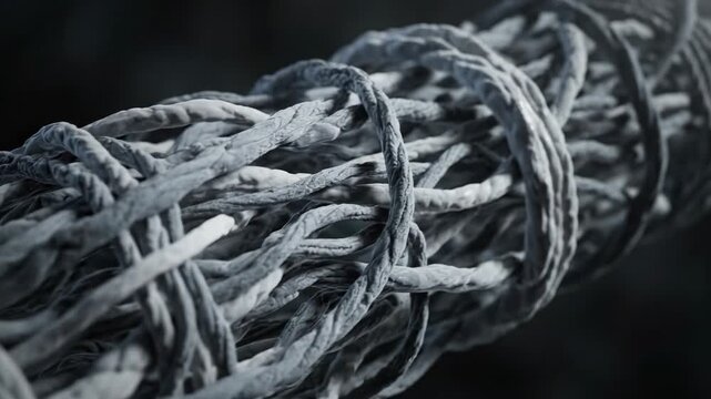 Close-up of a bundle of intertwined fibers, resembling a nerve or muscle tissue, with a textured and organic appearance.
