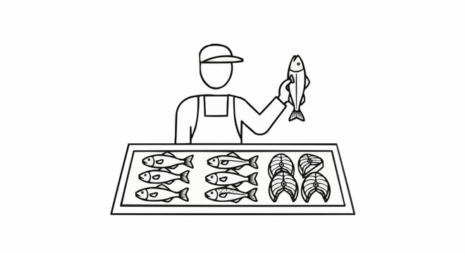 Fresh seafood market stall with fishmonger holding fresh catch, conveying a sense of quality and local sourcing