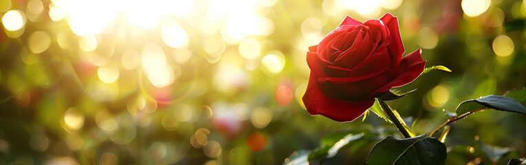 Elegant Red Rose Blooming Under Golden Sunlight with Soft Bokeh
