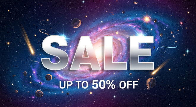 A cosmic sale banner with a galaxy background and the text sale up to 50 off, ideal for advertising spacethemed discounts