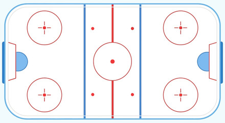 Detailed schematic of an ice hockey rink playing surface with official lines, zones, and circles. Top view vector graphic for game analysis and planning